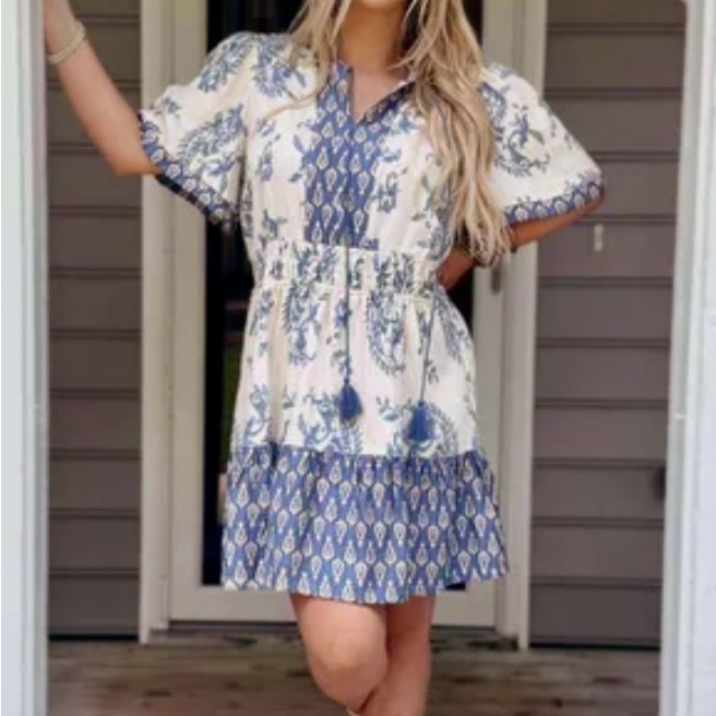 Umgee Boho Blue Cream Paisley Floral Contrast Patterns Tassel Tunic Dress Nwt